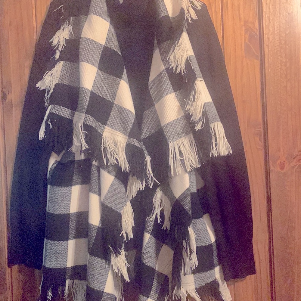 Full length fringed vest shawl wide collar with cowl neck turtleneck